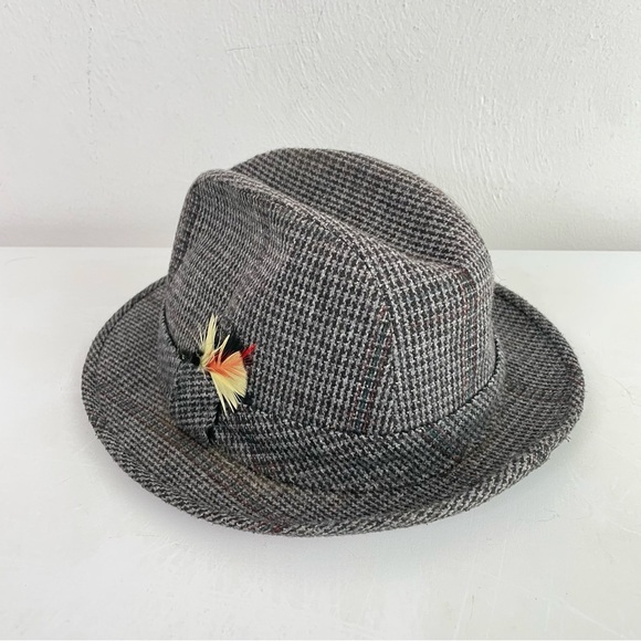STETSON Vintage Wool Plaid Tweed Fedora with Feather Trilby Irish Walking Hat - Picture 1 of 16